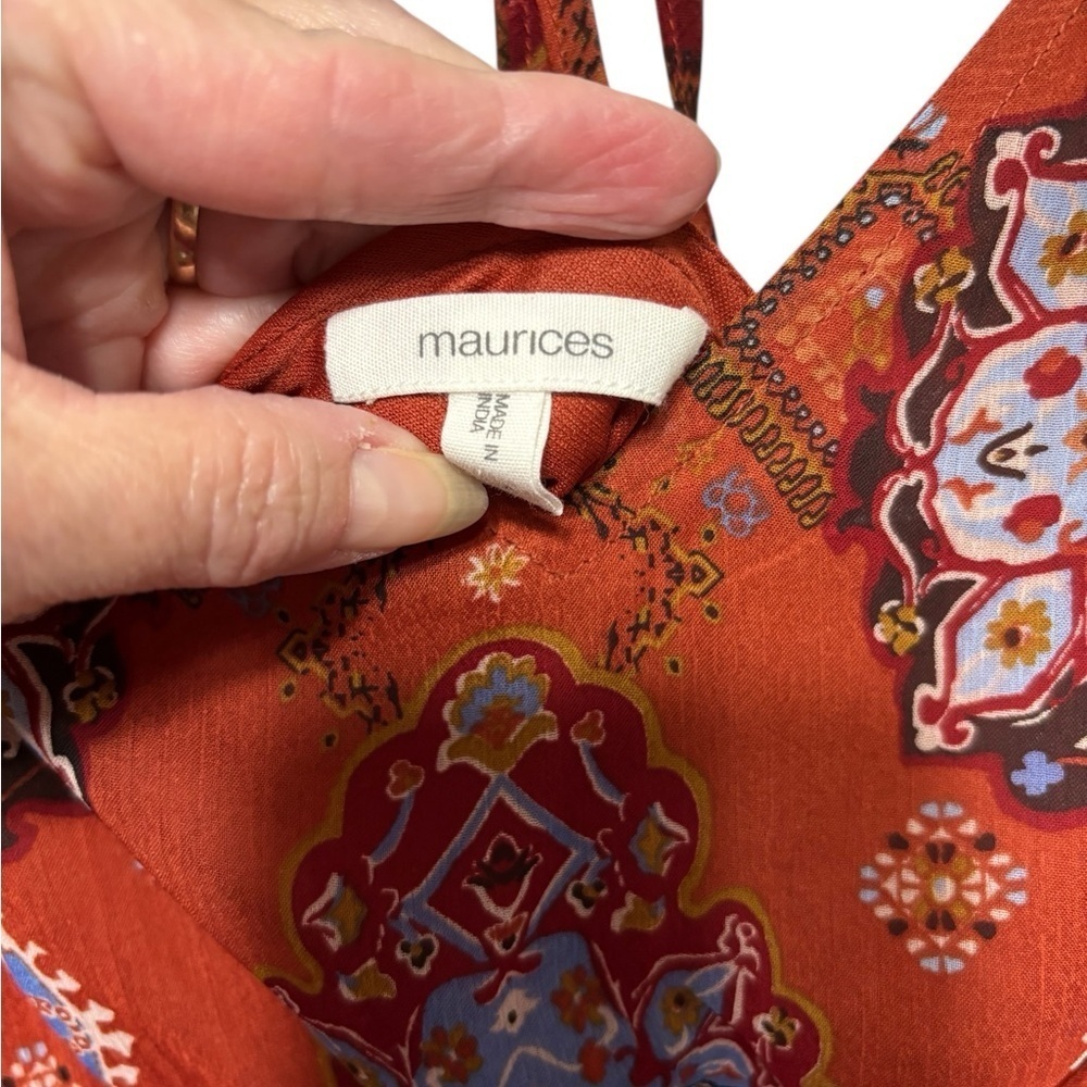 Maurice’s Medallion  Bohemian Rust High Low Patterned Midi Dress size Medium - Picture 7 of 16